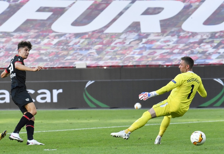 Kai Havertz scores during Bayer Leverkusen's Europa League round of 16 match against Rangers