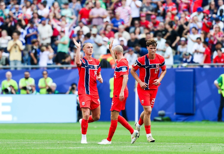 Thelo Aasgaard celebrates Norway’s first goal against France in their World Cup 2026 Group I clash